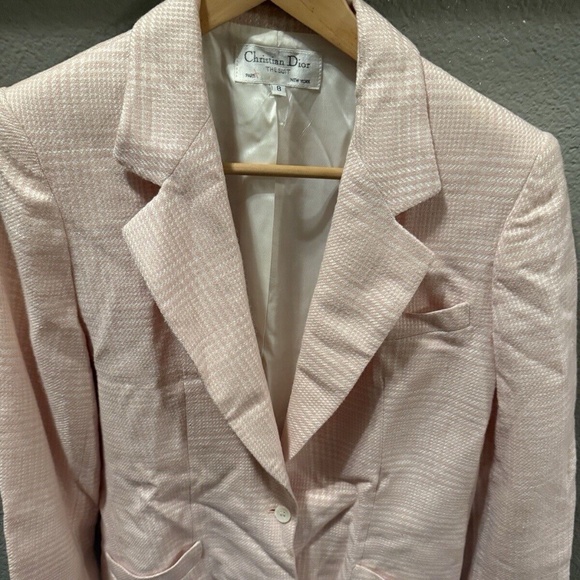 Vintage 90s Christian Dior Single Blazer Skirt Suit Pink Houndstooth Set Size 8 - Picture 1 of 6